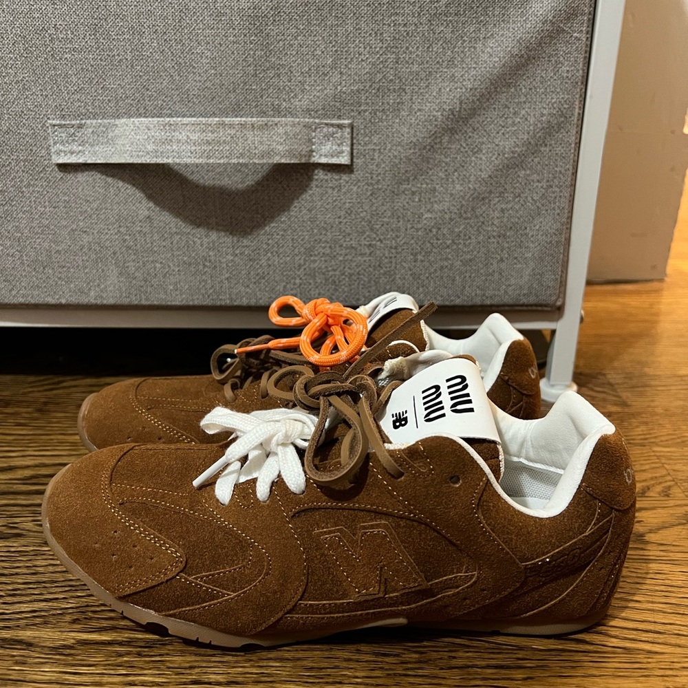 Brown Suede Sneakers with Orange and White Laces